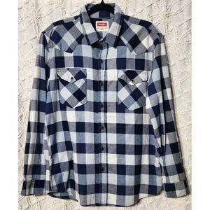 Wrangler Shirt Mens L Blue Plaid Flannel Flap Pocket Western Lightweight JLP7YWB